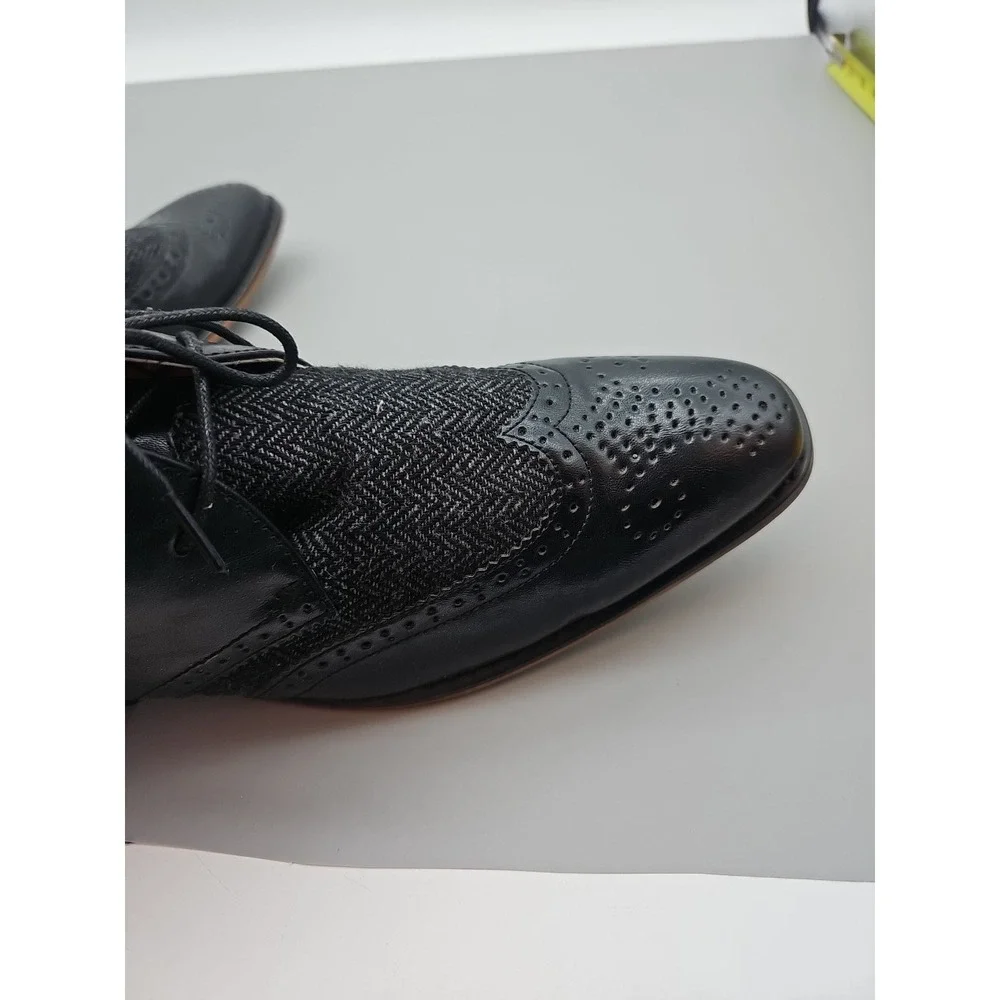 Mens High Top Boot Gino Vitale Leather Wingtip Zip Herringbone Tweed Black Sz 8.